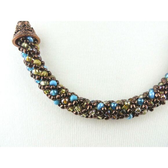Statement Necklace Turquoise Howlite Beryl Color Copper Tone Metal Ornate Beads - Picture 3 of 12